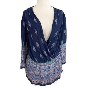 Black Note Surplice Blouse Top Blue Long Sleeve Deep V-Neck Geo Print Size M
